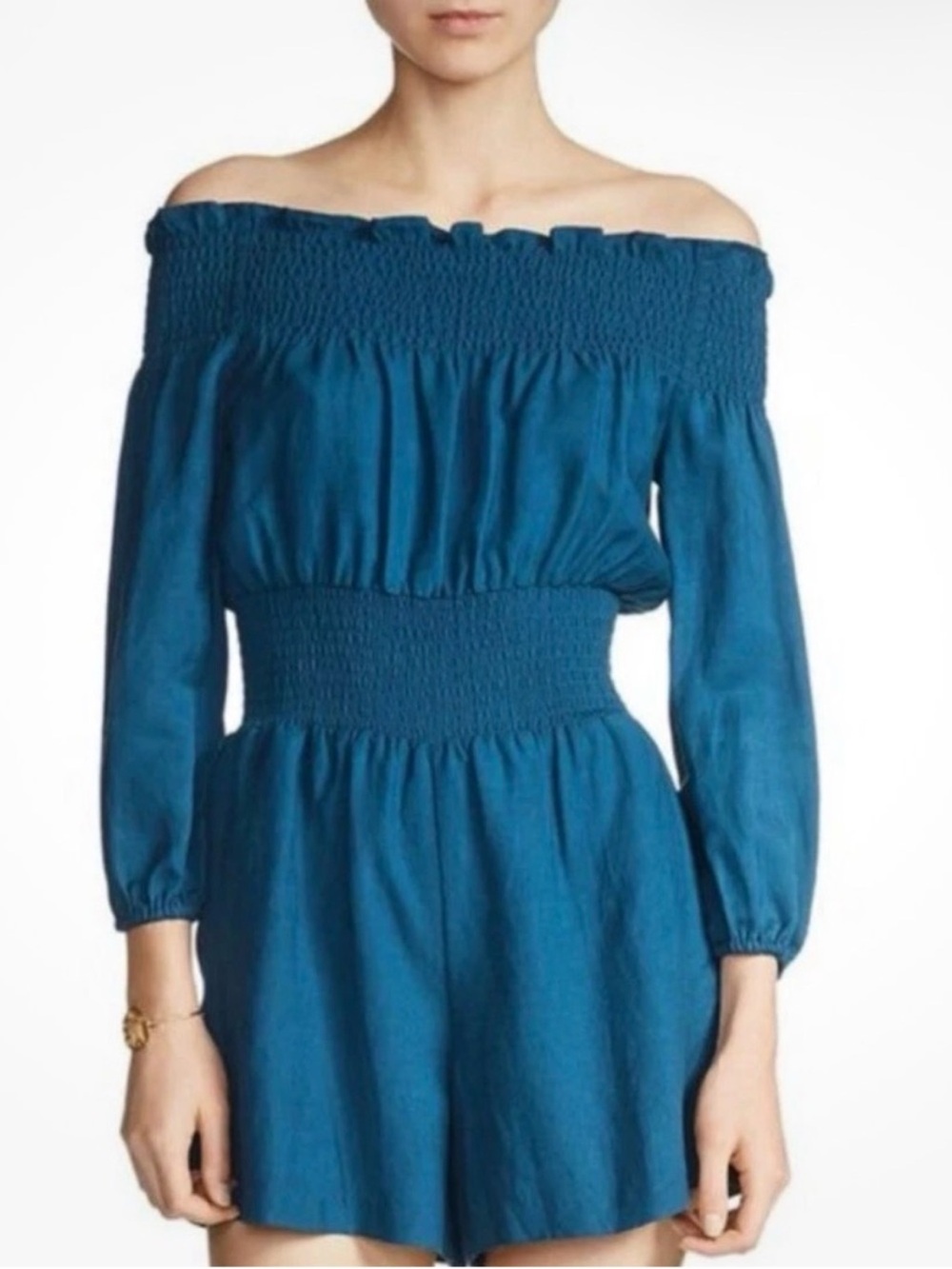 Maje Ilanda Off-Shoulder Teal Smocked Waist Romper